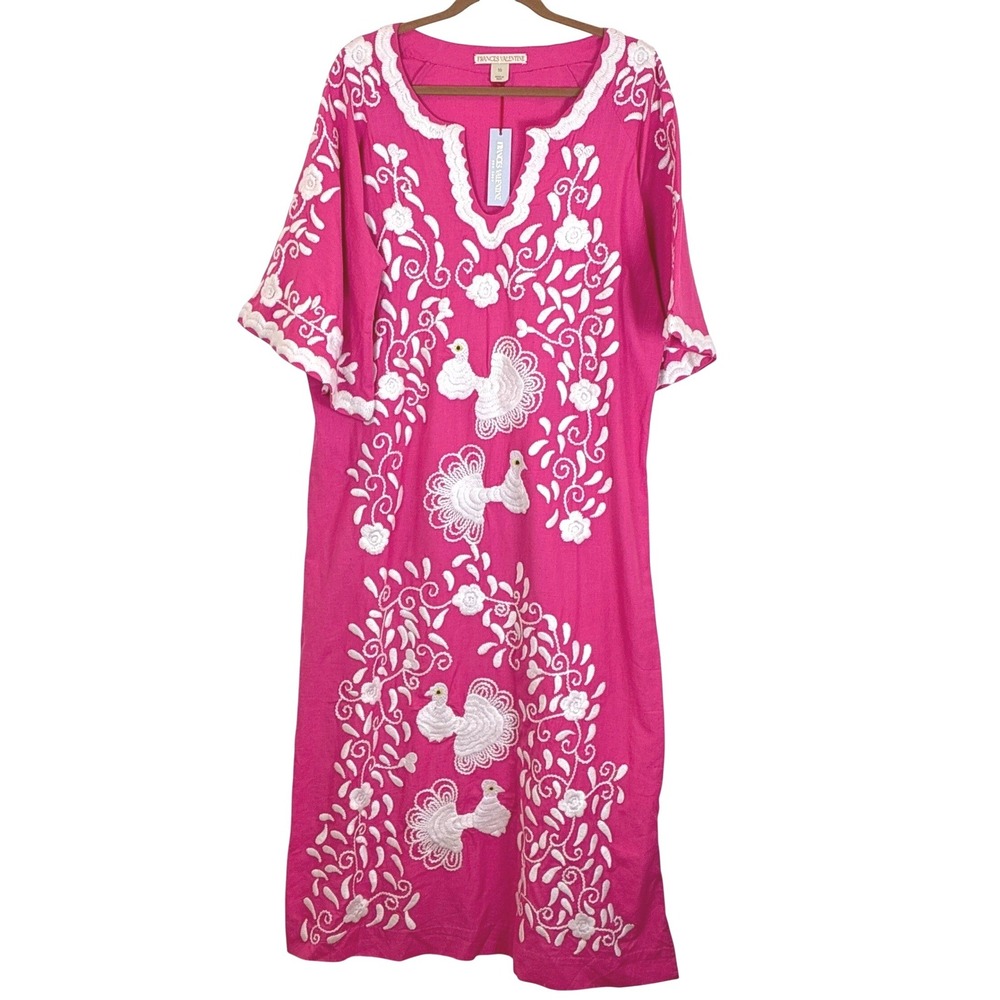 Frances Valentine Pink Dress Caftan White Embroidery Cotton Linen Resort 10 NWT